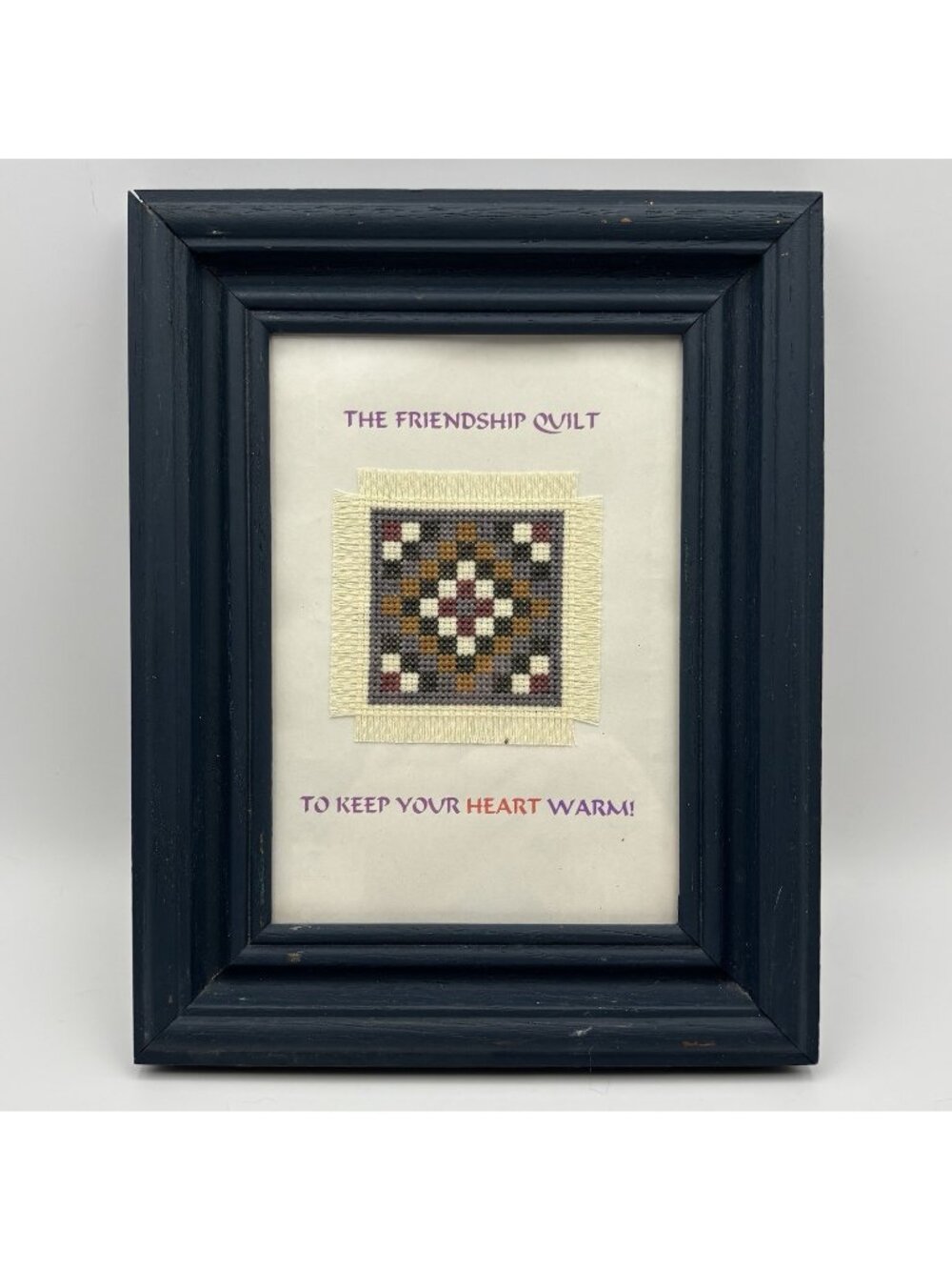 Cross Stitch Friendship Quilt Block Framed Artwork Mini 3x3 Granny Square Rustic